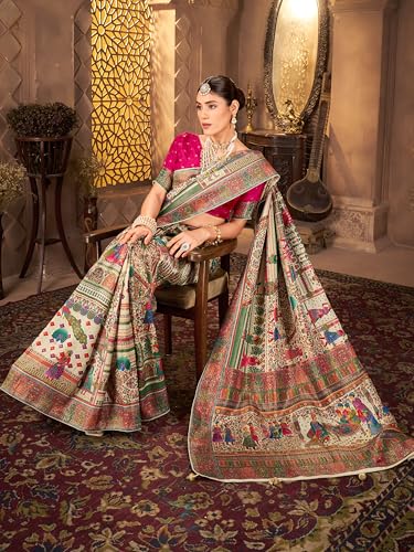 Image of Glory Sarees Women's Luxurious Dola Pure Silk Original Saree Position Print Work Madhubani Inspired Motifs Banarasi Kanjivaram Style Saree With Blouse Piece (Elegant101 Parent)