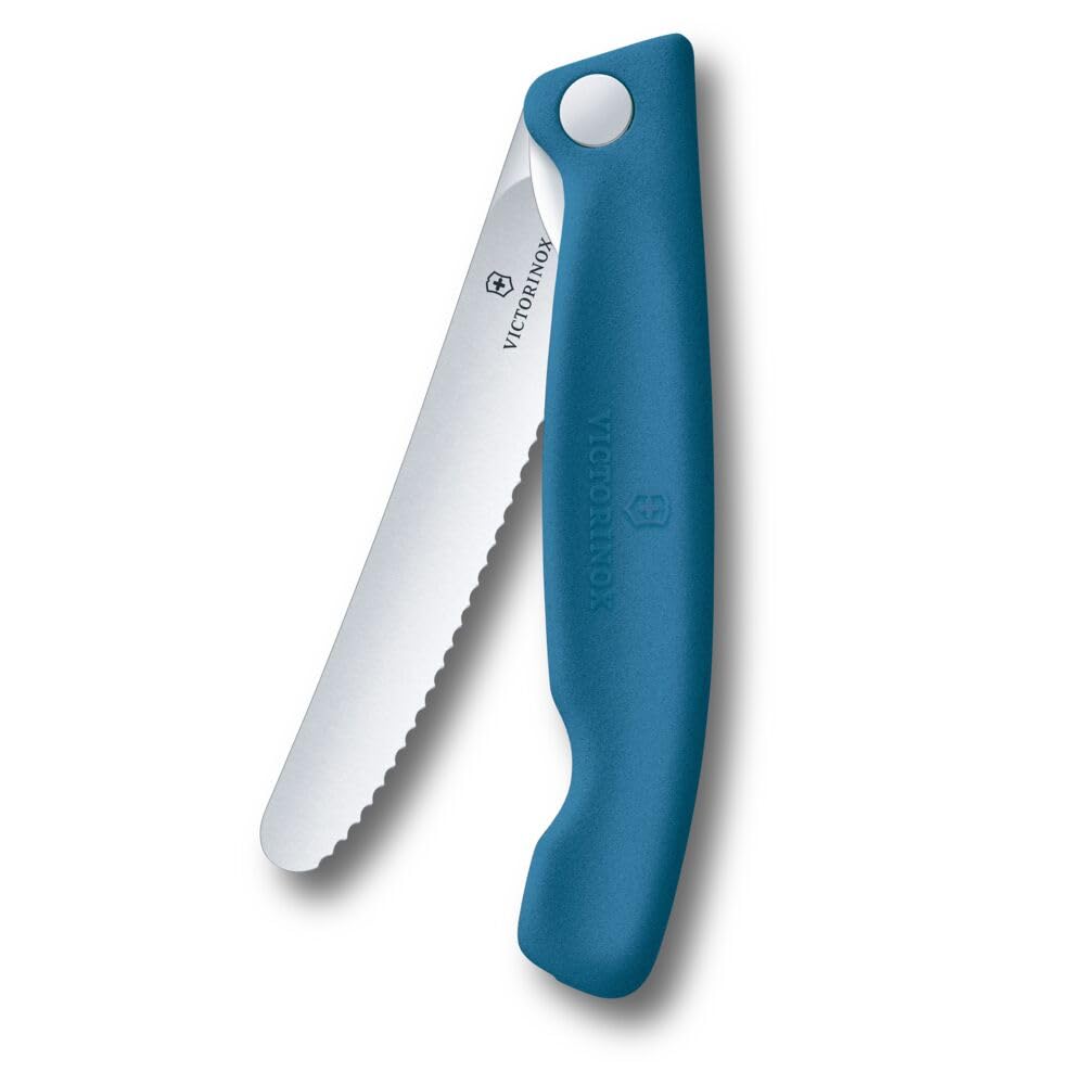 Victorinox Swiss Classic Foldable Picnic Knife for Hiking, Fruit, Vegetables, Bread Rolls, Sausage, Serrated Edge, Extra Sharp, Blue