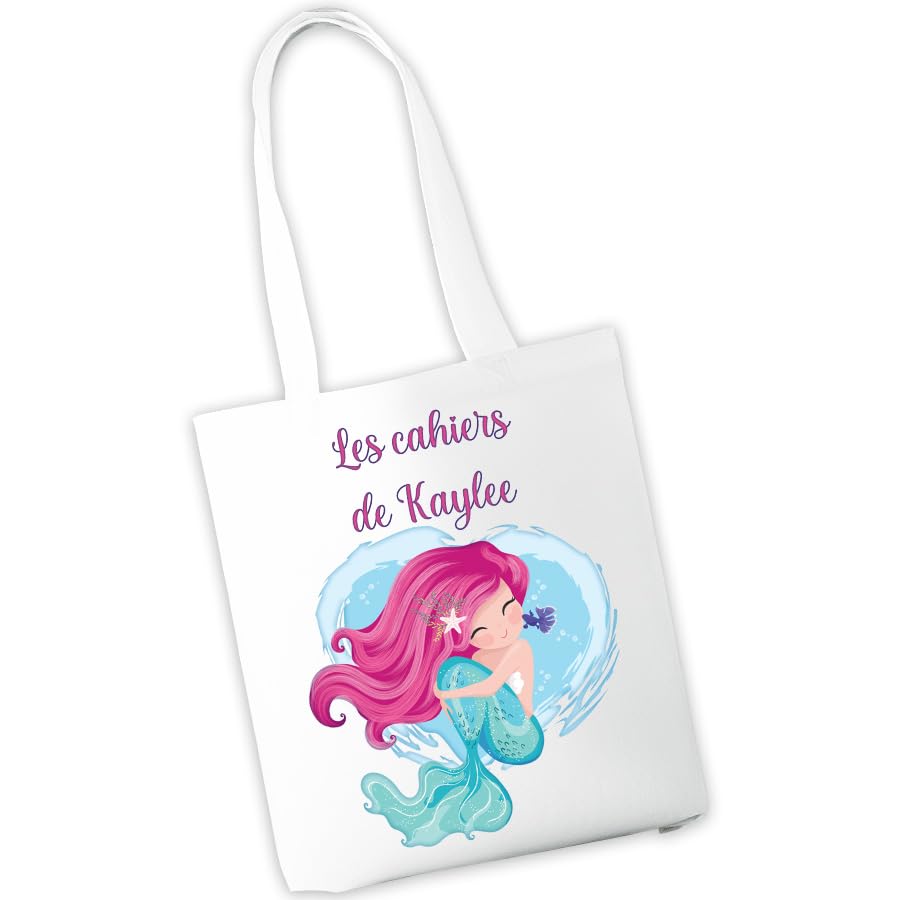 Sac à cahiers personnalisé - Sac de transport pour cahiers et livres d'école ou de bibliothèque - Prénom et motif au choix - Cadeau rentrée scolaire, maternelle, crèche, école (Petite Sirène)