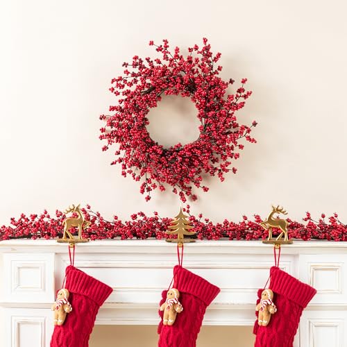 Glitzhome 25 Inch Christmas Wreaths for Front Door, Artificial Red Berry Wreath, Modern Farmhouse Wreath for Windows, Walls, Porch and Other Indoor and Outdoor Home Decor