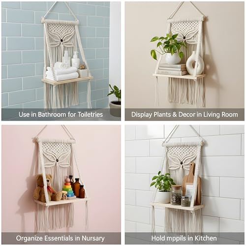 Image of Macrame Wall Hanging Shelf with Adhesive Wall Hook Boho Butterfly Hand-Woven Floating Shelf for Wall Decor Plant Holder Storage for Living Room, Pooja Room Nursery