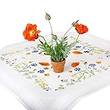 🧵 Die Produktgröße beträgt ca. 80x80 cm. Die Tischdecke besteht aus 100% Polyester, das Stickgarn aus 100% Baumwolle
