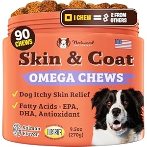 Natural Dog Company Skin & Coat Supplement for Dogs – Omega 3 Salmon Oil, Biotin & Vitamin E Support Shiny Coat, Healthy Skin & Normal Shedding, Promotes Comfort from Occasional Itch, 90 Count