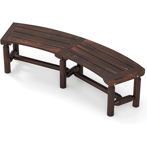 Giantex Wooden Outdoor Bench for 2-Person - Fire Pit Chair Bench with Fir Wood Top, Pine Wood Legs, 710Lbs Weight Capacity, Backless Curved Garden Bench for Patio, Porch, Park, Lawn (1, Rustic Brown)