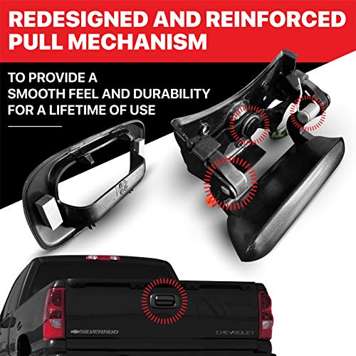 T1A Tailgate Handle Latch and Bezel Trim Replacement for 1999 - 2007 Chevy Silverado / GMC Sierra, Rod Clips Included Also Fits 1500, 2500, 3500 HD Pickup Truck, Black Textured, 15228539 15997911