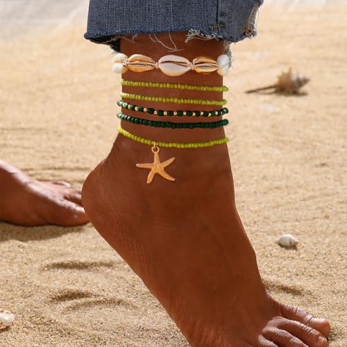 Image of Shell Anklets Bracelet for Women Waterproof Surfer Starfish Bracelet Puka Shell Anklet Colorful Boho Stack Stretch Bead Bracelet Set Hawaii Summer Beach Vacation Foot Jewelry