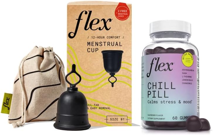 Flex Taza Taza menstrual reutilizable Tamaño 01 + Chill Pill Gomitas naturales para aliviar el estrés y la relajación (paquete)