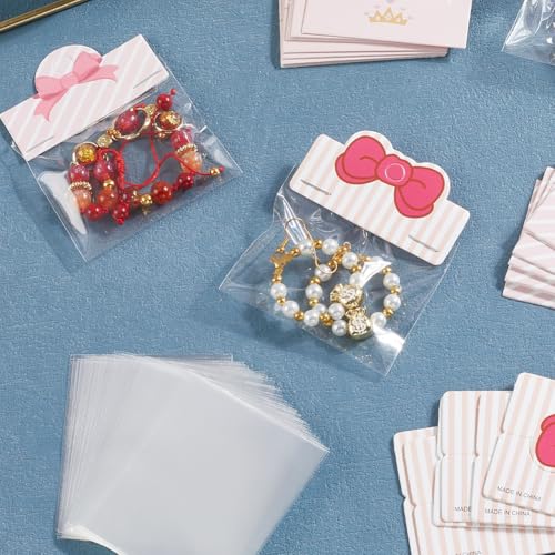 SOFPLATE 150 Stück 2.76 x 2.36 Zoll Armband Displaykarten Schmuck Verkaufstaschen Rosa Papier Ästhetische Kokette Schleife Faltbare Verpackungskarton Sets Zum Präsentieren von Verpackungen Armbändern