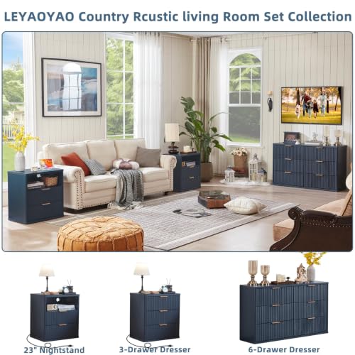 Image of LEYAOYAO Fluted Nightstand with Charging Station, 23 inch Modern Night Stand with Woodgrain Top, 2 Drawer End Table w /Storage, Bedside Tables for Bedroom, Living Room, Curved Profile Design, Blue