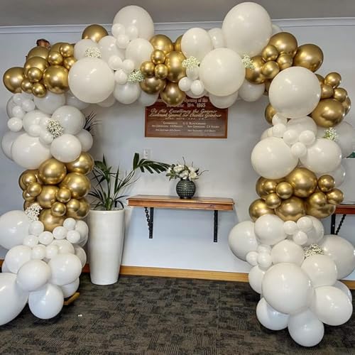 Image of Golden Chrome White & Gold Confetti Balloon Garland Arch Kit 63 Pcs for Birthday Decoration Anniversary Engagement Wedding Baby Shower || AR Giftzadda
