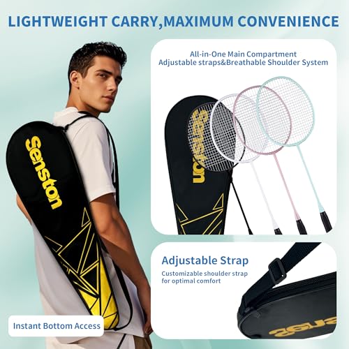 Image of Senston Professional Badminton Rackets Set of 4 - Carbon Fiber, 6 Shuttlecocks, 4 Grips & Bag for Backyard Games | 90g Lightweight