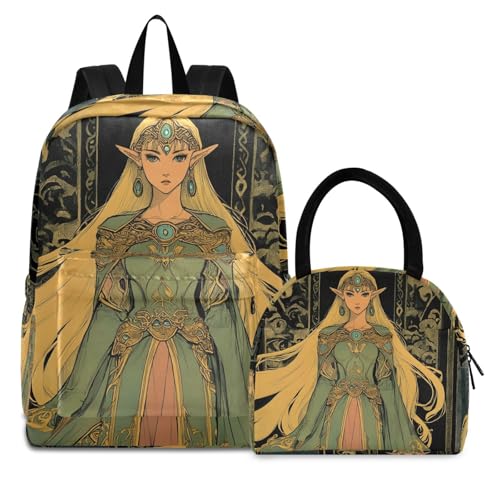 Beautiful Anime Print Backpack Set with Lunch Bag, Large Capacity Travel Backpacks and Lunch Box Insulated for Commute Hiking Picnic