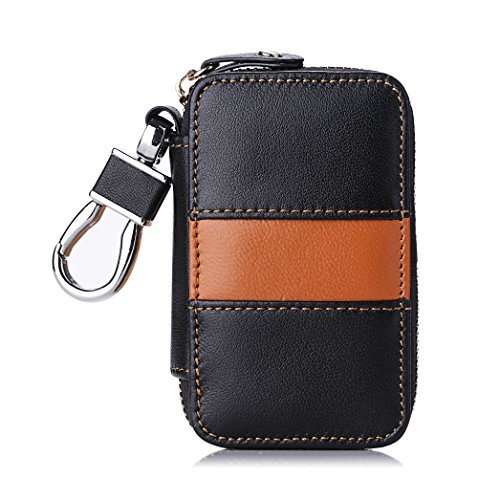 FYY Genuine Leather Keychain Bag, Handmade Car Keyring Holder Metal Hook and Wallet Zipper Case for Auto Remote Key Fob Black