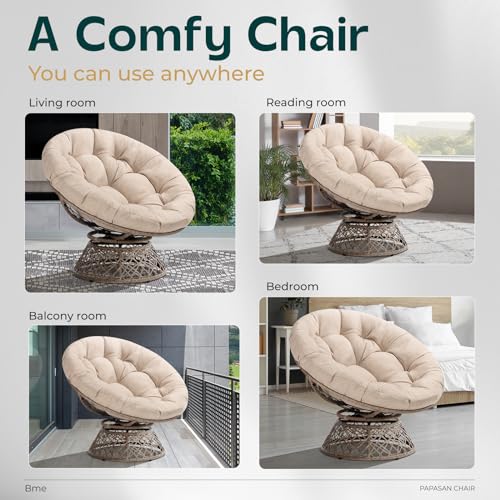 Image of Bme Ergonomic Wicker Papasan Chair with Soft Thick Density Fabric Cushion, High Capacity Steel Frame, 360 Degree Swivel for Living, Bedroom, Reading Room, Lounge, Sepia Sand - Brown Base