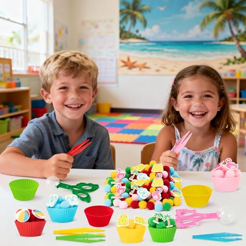 Image of EZdhuawuse Summer Sensory Bin Fillers - 268Pcs Summer Beach Fine Motor Toys Counting Sorting for Kids, Felt Beach Ball Palm Tree Pom Poms Cup Clip for Preschool Education Birthday Gift Party Favors