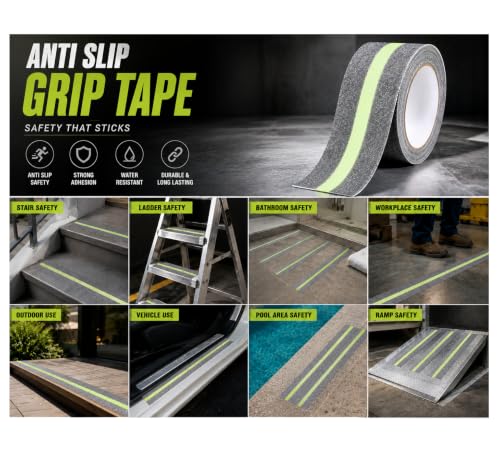Image of Non Slip Safety Tape with Glow in The Dark, 2 Inch x 16.4 FT Anti Slip Stair Grip Tape, Centre Glow Strip, Heavy Duty Waterproof Non Skid Traction Tape for Stairs, Steps, Ramps & Outdoor Use