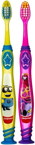 Miniatura 1 de Colgate Kids Minions & Trolls - Juego de cepillos de dientes con ventosa, niños a partir de 5 años, extra suave (los colores varían), paquete de 2