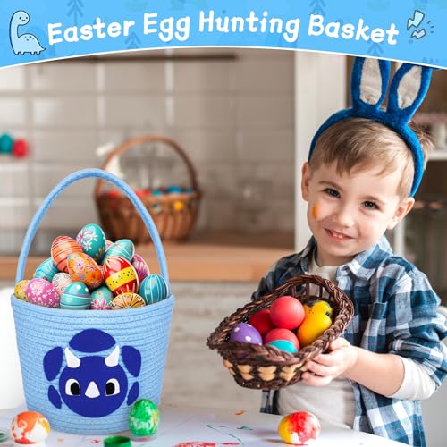 Image of Easter Baskets for Boys,Baskets for Gifts Empty with Handle,Easter Gifts for Kids,Dinosaur Woven Rope Egg Bucket,Toy Storage Container Organization Bucket for Egg Hunts