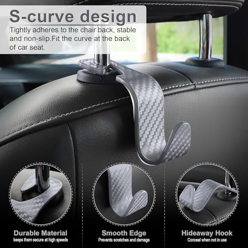 Image of LivTee Car Purse Hook, 4 Pack Universal Auto Seat Headrest Hook Hangers Organizer for Coats, Umbrellas, Groceries - Carbon Fiber Gray