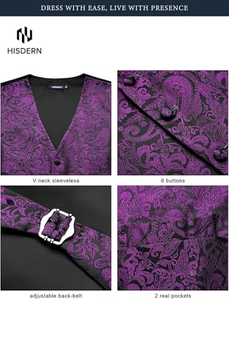 Image of HISDERN Mens Vest Tie Set 3PC Formal Waistcoat Paisley Floral Jacquard Necktie Pocket Square Suit Vests Wedding Party
