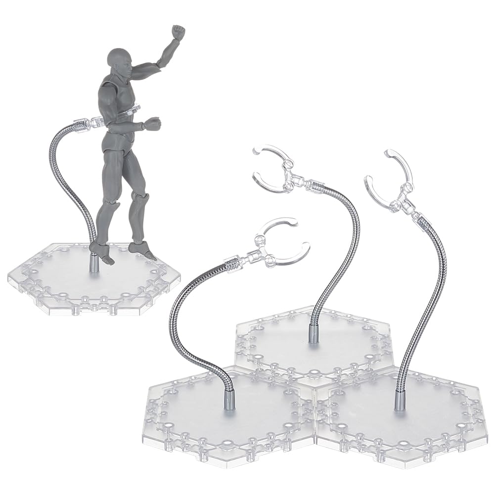 FINGERINSPIRE 4Sets Adjustable Clear Snake Arm Doll Stand Holder Hexagon Base for Action Figure Collectible Model Display Bendable Alloy Support Arm Durable Plastic Base for Waist 3cm Model Display