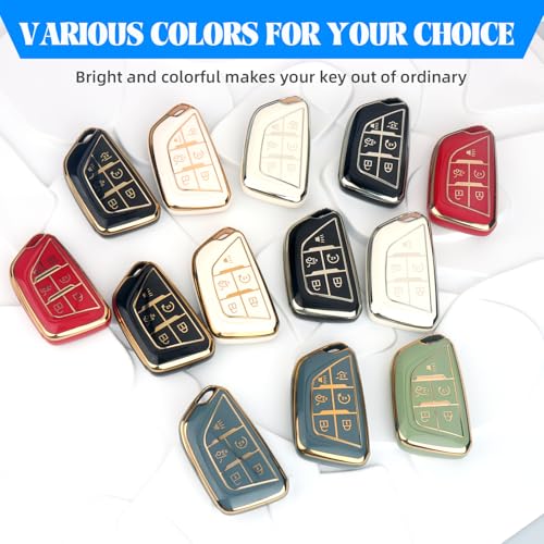 Image of QBUC for Cadillac Key Fob Cover with Leather Keychain (Gold Trim White) | Soft TPU Protection Case Compatible with 2020-2026 Cadillac Escalade Lyriq Optiq 6-Buttons