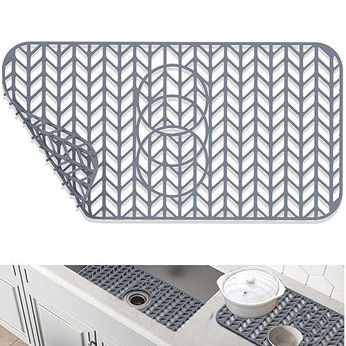 Image of GUUKIN Sink Protectors for Kitchen Sink 19x13 & 24x12.5 & 13x11 & 26x14 & 28x14 & 29x15, Large Silicone Mats Grid for Bottom of Farmhouse Stainless Steel (24x12.5 with 3 Reserved Holes)