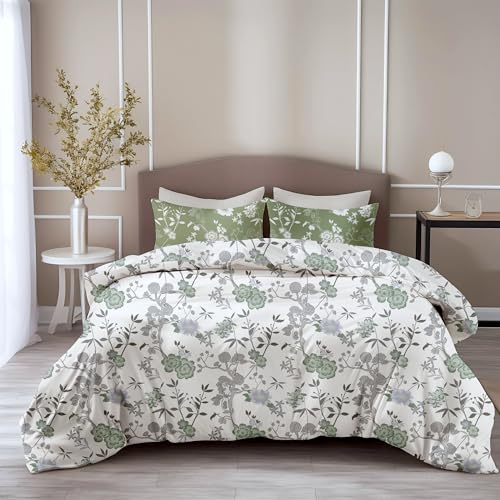 LORETO - A QUALITY LINEN BRAND 100% Pure Cotton Bedsheet for Double Bed, 144TC Soft & Breathable Double Bed Bedsheet with 2 Pillow Covers (Sage Green Floral Harmony, 88 x 90 Inches)
