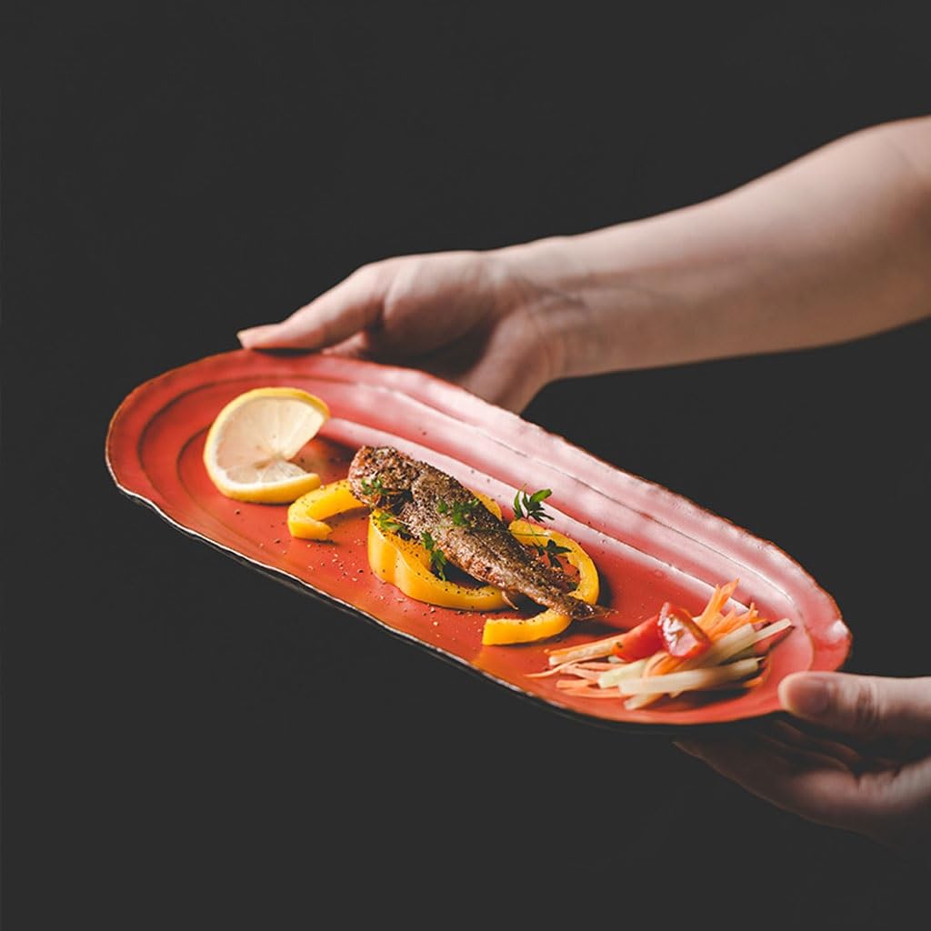 Plato Rectangular para Pescado, Plato doméstico, Plato de Pescado al Vapor, Plato de cerámica Retro, Bandeja para Cena (Talla única)