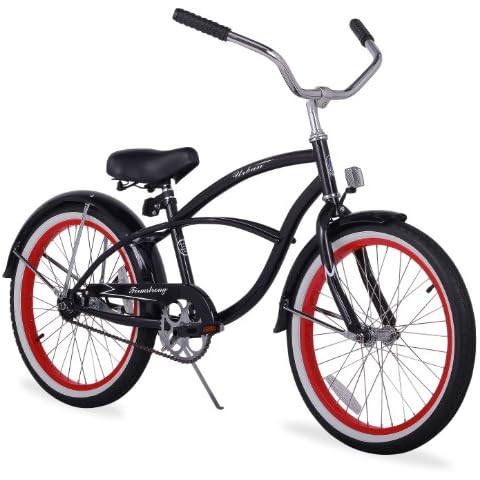 Firmstrong Urban Boy Single Speed Beach Cruiser Bicycle, 20-Inch, Black w/ Red Rims Cover
