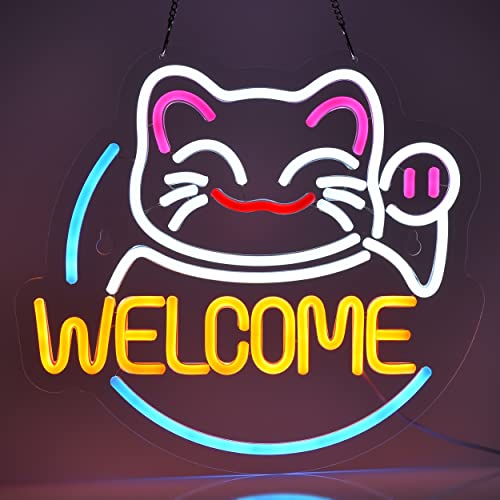 ネオンサイン 招き猫Welcome 多階段調光可 LED 歓迎ネオンライト店看板 店舗インテリア レストラン バー 居酒屋 飲食店 喫茶店用サイン パーティー装飾 イベント飾り ネオン管ライト USBパワード35*32cm
