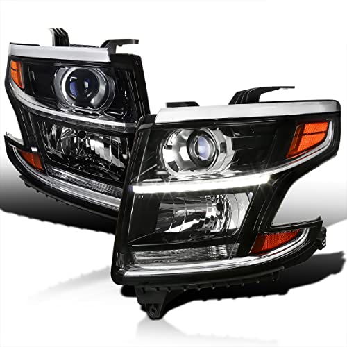 Spec-D Tuning LED Light Bar Black Housing Clear Lens Projector Headlights Compatible with 2015-2020 Chevy Tahoe, Suburban Left + Right Pair Headlamps Assembly