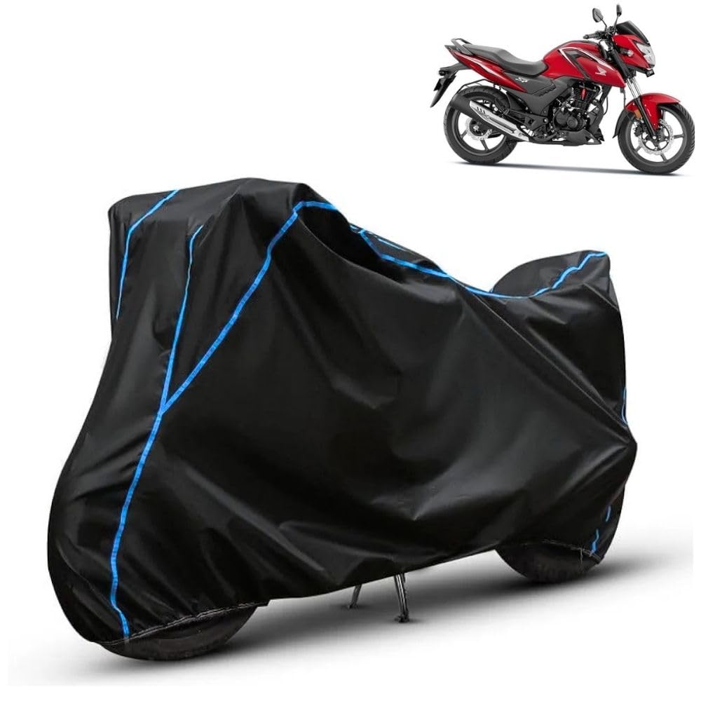 FAVY Water Resistant Bike Cover Compatible with Honda SP 160, Rain, UV, Dust and Scratch Proof, All-Weather Protection Full Body Bike Cover, Black with Blue Piping, Triple Stitched with Elastic Bottom-image-18