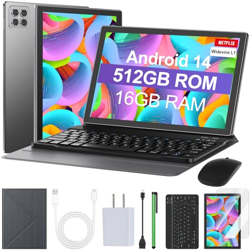 Tablet, Tablets Android 14 de 10.1", 16GB RAM 512GB ROM 1TB Expandible, Octa-core 2.0GHz, 1280x800 IPS HD, Tableta con Cámara Dual de 5MP + 8MP, 8000 mAh Batería, 2026 Tablet con Lapiz, Teclado, Ratón