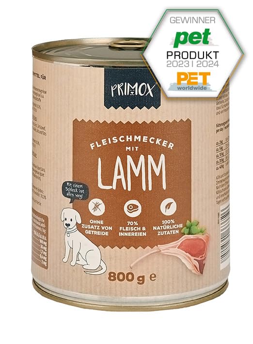 PRIMOX® Fleischmecker Hunde-Nassfutter | Getreidefrei | 70% Fleisch & Innereien | Made in Germany & 100% Natürlich | Omega-3 für Haut & Fell | Gluten- & Laktosefrei (Lamm, 6x800 g)