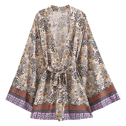 Bqxxdeo Vintage Loose Rayon Cotton Cover-Ups Boho Kimono Femmes Streetwear Ceinture Short Kimono Khaki XL Cover