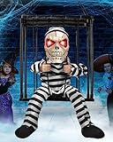 Skull Halloween Decorations with Motion Sensor Hanging Skulls Skeleton Toy Cage Prisoner Light Up Eyes Screaming Animatronics Haunted House Horror Decor