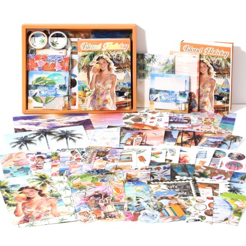 Image of The AutoStory Vintage Scrapbook Album Kit - A6 Junk Journal Notebook with Aesthetic Stickers, Collage Paper Pack & Washi Tape - DIY Journaling Supplies Gift for Teens & Girls (Island Holiday, Orange)