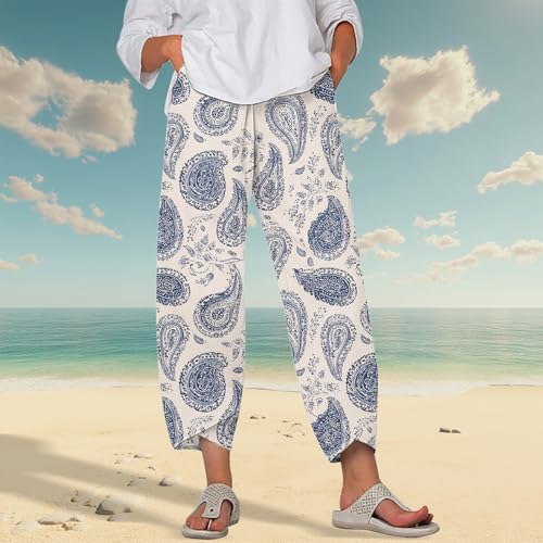 Image of DMOYALA Linen Pants for Women Summer Casual Wide Leg Capri Pants Loose Fit Palazzo Pants Cropped Beach Pants with Pockets