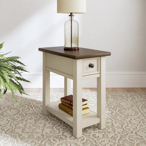 Image of Signature Design by Ashley Bolanburg Chairside End Table With Charging Station, Two-Tone Wood Accent Table With Drawer Storage, Plank Top Design for Living Room or Bedroom, Antique White