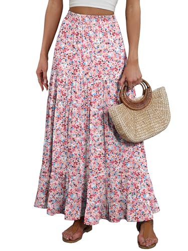 Image of ANRABESS Womens Maxi Skirt Elastic High Waist Swing Tiered A-line Flowy Pleated Boho Beach Vacation Long Skirts
