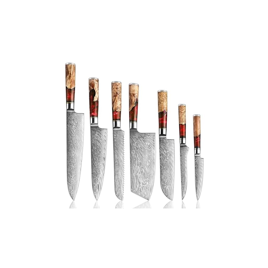 SENKEN-7-Piece-Damascus-Kitchen-Knife-Set-Tsunami-Collection-67-Layer-Japanese-VG10-Steel-Chefs-Knife-Cleaver-Santoku-Bread-Boning-More-Red-Resin-Blend SENKEN 7-Piece Damascus Kitchen Knife Set - Tsunami Collection - 67-Layer Japanese VG10 Steel - Chef's Knife, Cleaver, Santoku, Bread, Boning, & More (Red Resin Blend)