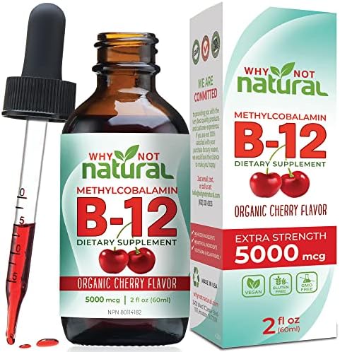 Organic Vitamin B12 Liquid - Sublingual Extra Strength 60 x 5000 mcg Drops, Methylcobalamin, Natural Cherry Flavor, Vegan, Maximize Absorption and Energy (B12-5000 mcg)