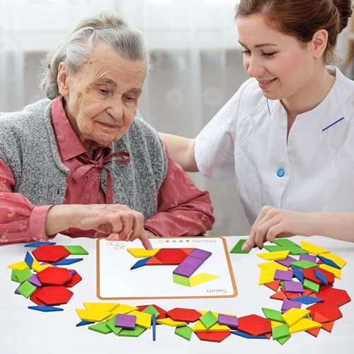 Image of Activities for Dementia Patients, 80 Pieces Wooden Tangrams Puzzle Game for Seniors, Colorful Shape Pattern Alzheimers Products for Elderly, Tile Matching Board Memory Cognitive Gifts