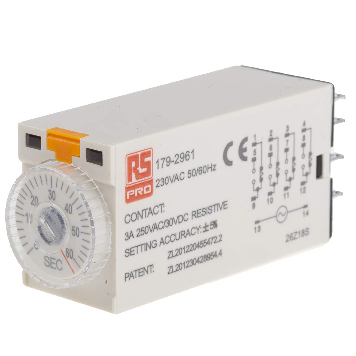 RS PRO TKB Zeitrelais 230V ac, 2 to 60 s, 4 Kont. 1, 4-poliger Schließer