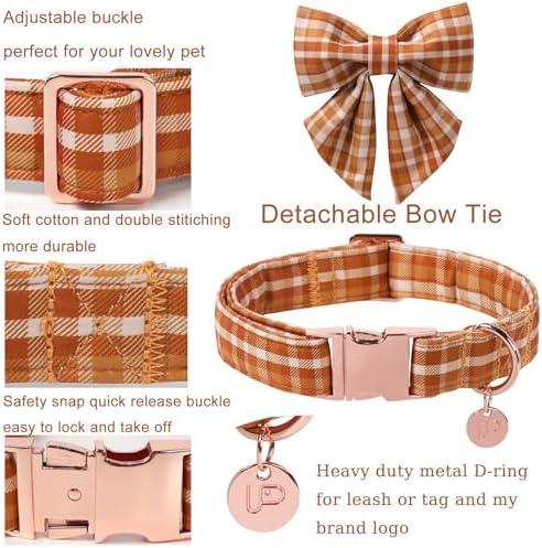 UP URARA PUP Fall Plaid Dog Collar and Bow Tie Set β Brown Orange Checkered Adjustable Collar with Maple Leaf Charm for Small Medium Large Dogs, Soft Cotton Puppy Collar with Quick Release Buckle - 1