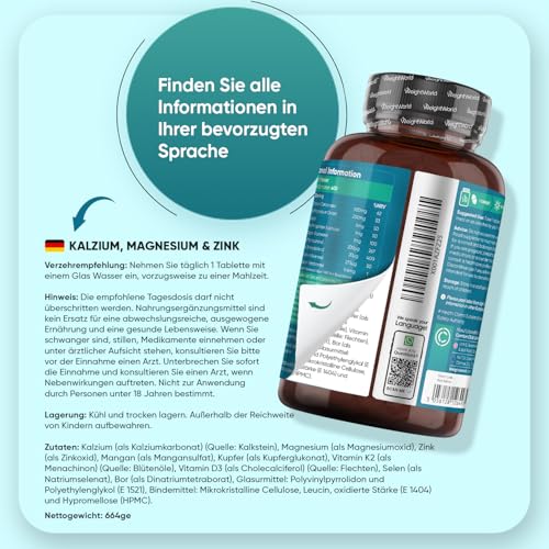 Kalzium Magnesium Zink - 400 Tabletten - 1+ Jahr - 500mg Calcium pro Tagesdosis - 1 vegane Tablette Pro Tag - Mit Mangan, Vitamin D3 K2, Bor, Selen, Kupfer - Frei von Magnesiumstearat - WeightWorld