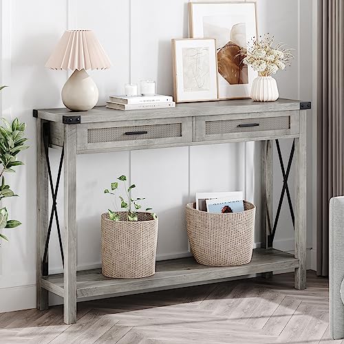IDEALHOUSE Farmhouse Entryway Table, Grey Console Table with Rattan Drawers, 43" Sofa Table with Storage, Console Tables for Entryway, Living Room, Ha
