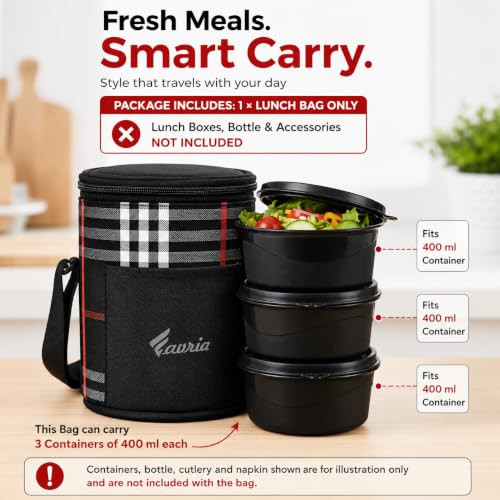 Image of Favria Insulated Lunch Bag for Office Use Men Women | Tiffin Lunch Box Carry Bag for School & College | Holds 3 Containers |Water Resistant Lunch Bag with Front Pocket & Strap (Round Black Lunch Bag)