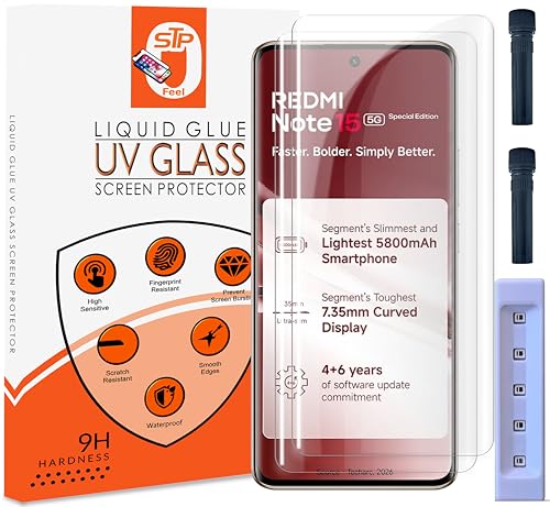 Image of STP FEEL Advanced UV Tempered Glass Screen Protector Guard Compatible For Xiaomi Redmi Note 15 Special Edition /Note 15 SE 5G (6.77 Inch, Pack of 2) Full Adhesive UV Curved Case Friendly HD Clarity